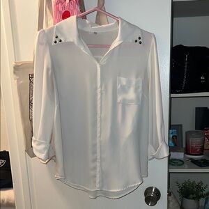 White Button-Up Blouse with Studded Collar